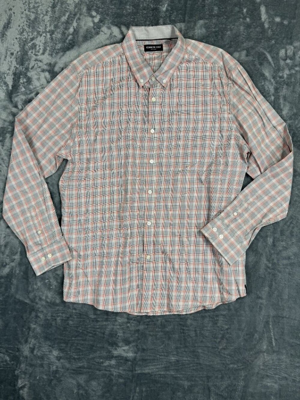 Kenneth Cole Mens Red & Gray Plaid Button-Down Shirt XXL Long Sleeve Cotton